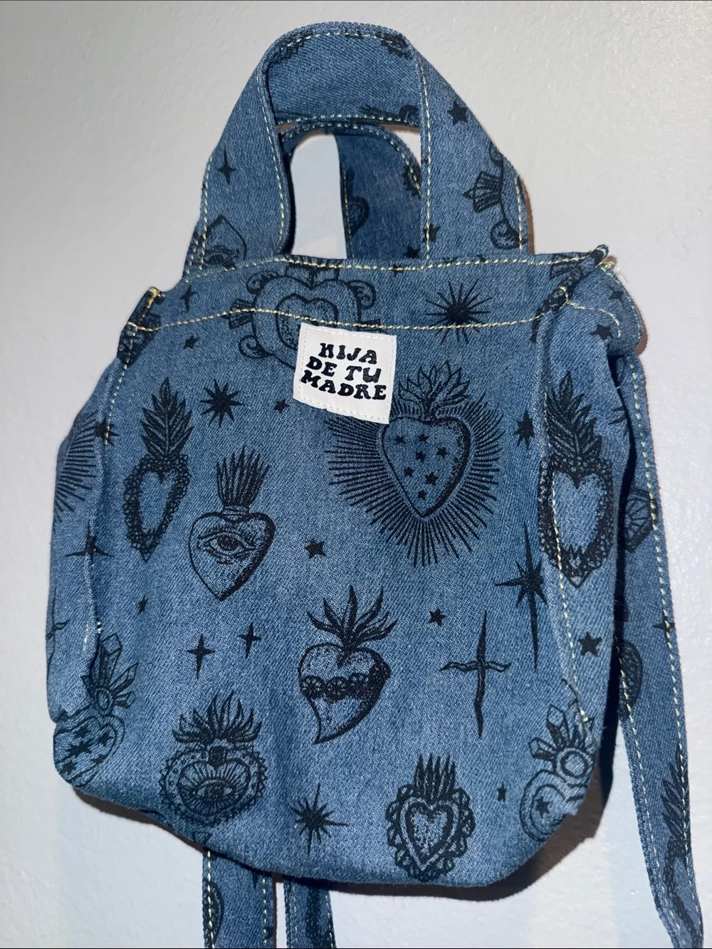 Hija de tu Madre Blue Canvas Heart Print Crossbody Bag